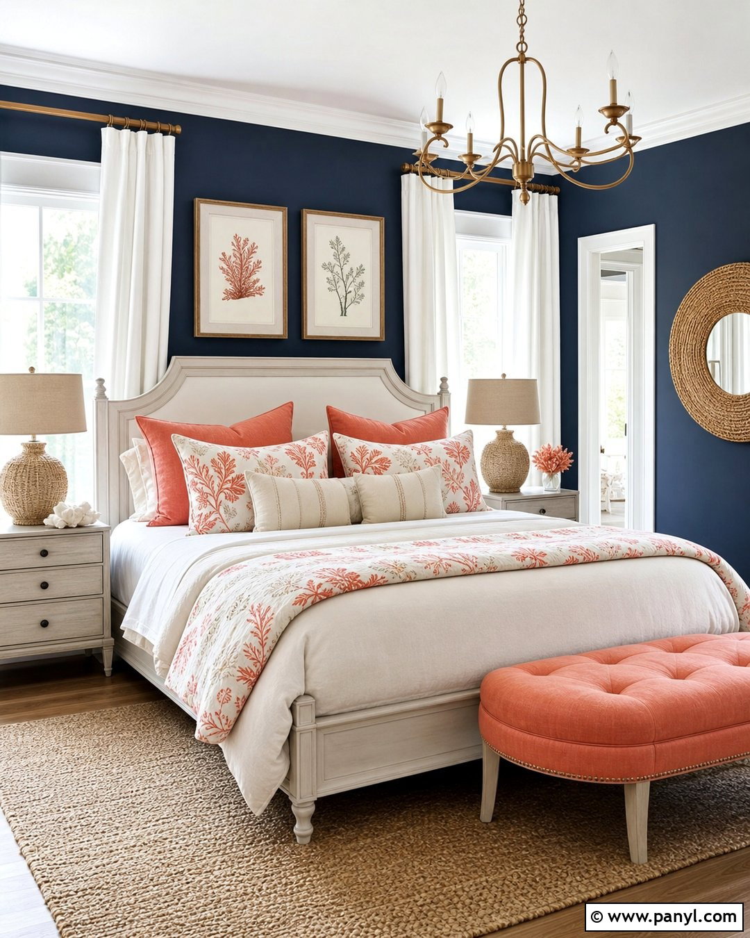 Dark Blue Walls With Coral Decor - 20 Dark Blue Wall Contrast Ideas