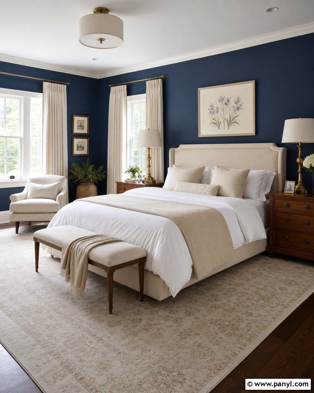 Dark Blue Walls With Cream Decor - 20 Dark Blue Wall Contrast Ideas