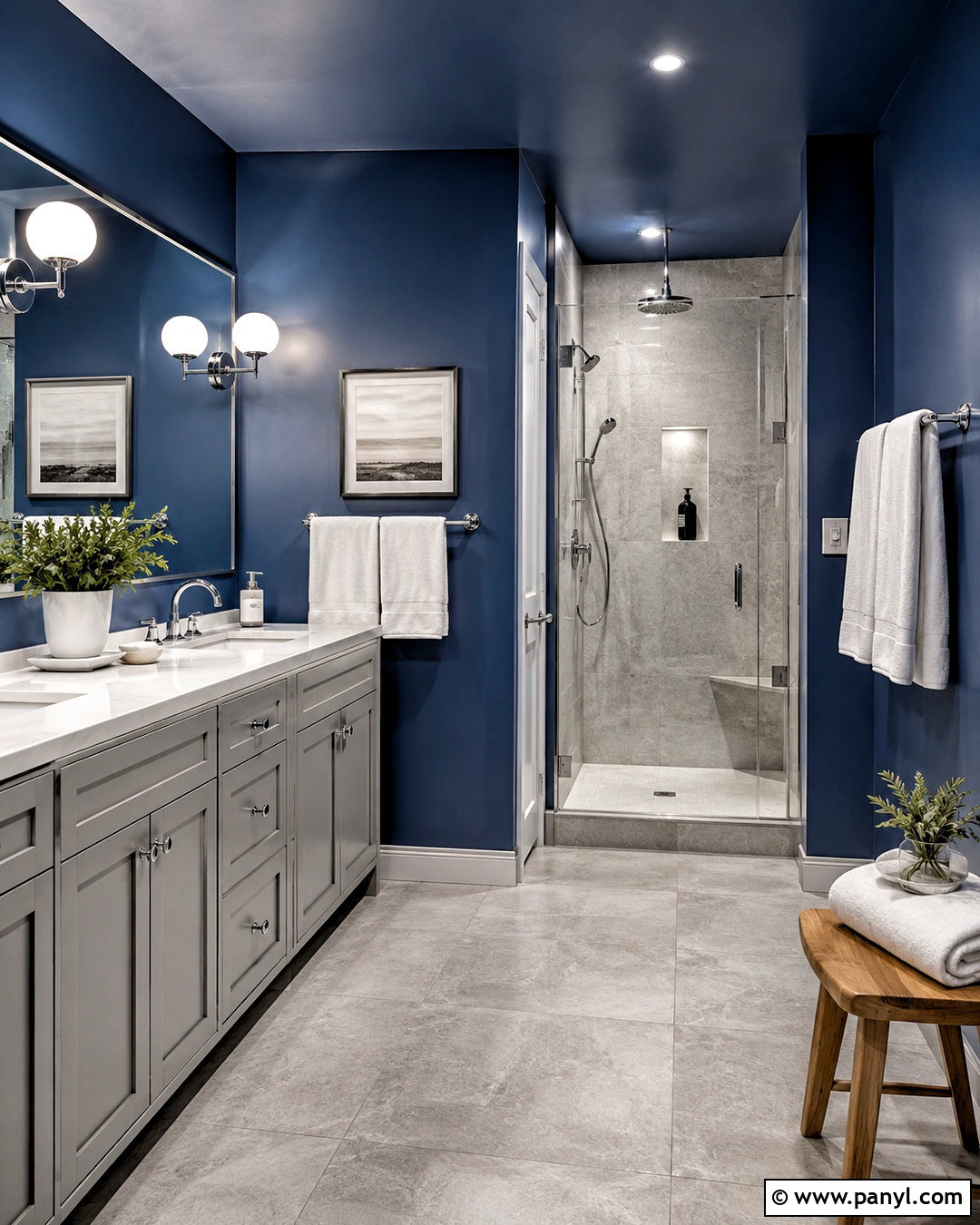 Dark Blue Walls With Light Gray Tile - 20 blue and grey bathroom ideas