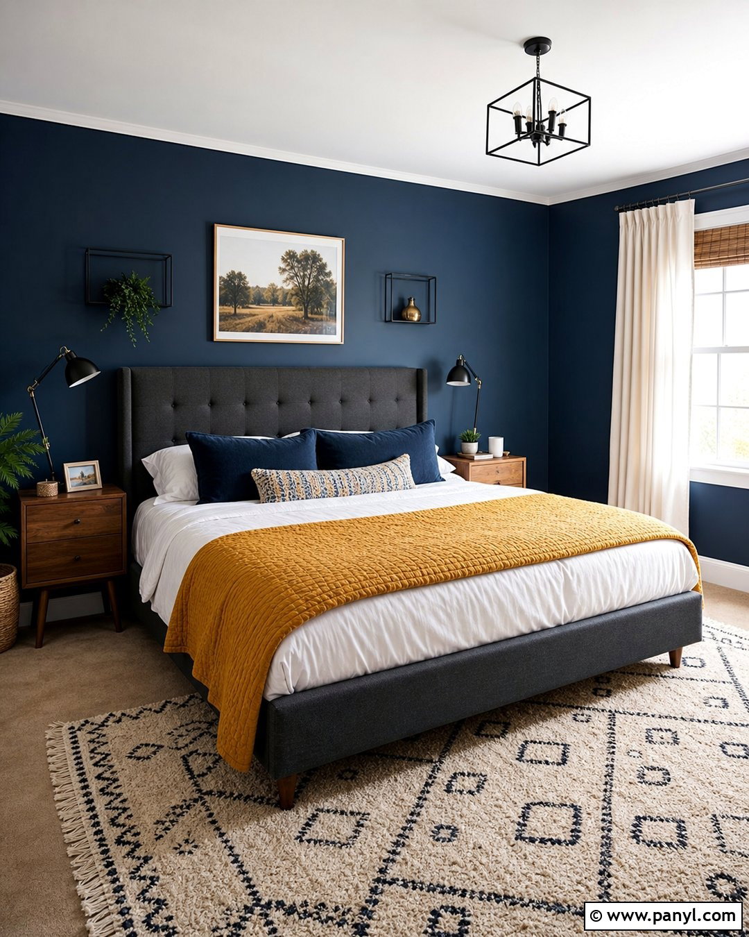 Dark Blue Walls With Mustard Bedding - 45 dark blue walls