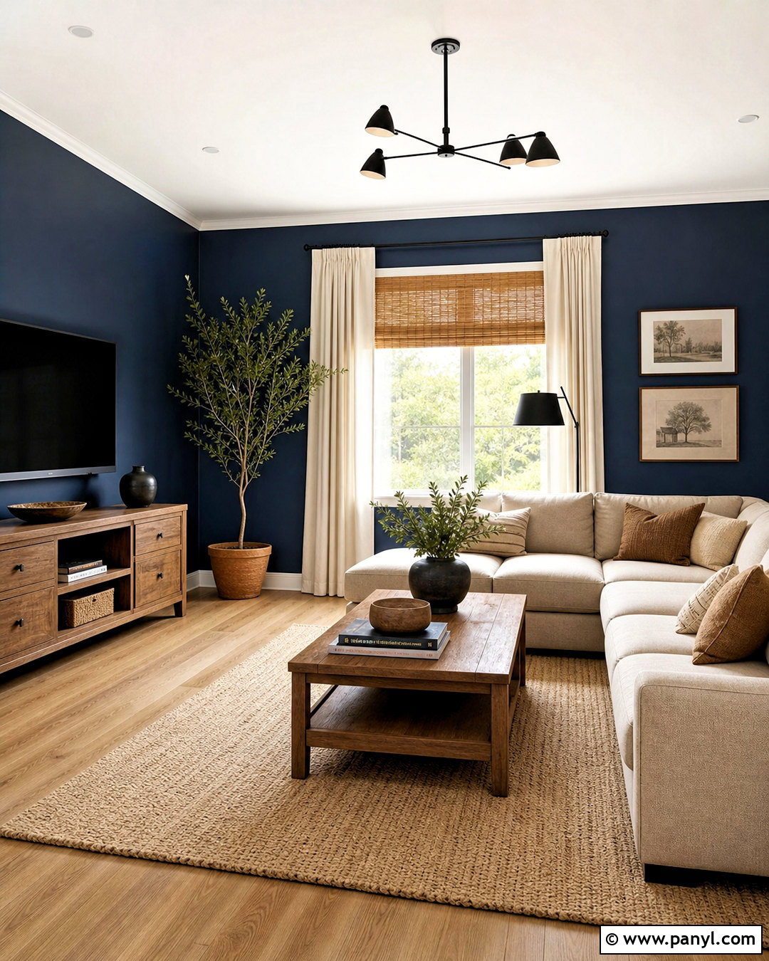 Dark Blue Walls With Natural Wood - 20 dark blue walls living room ideas