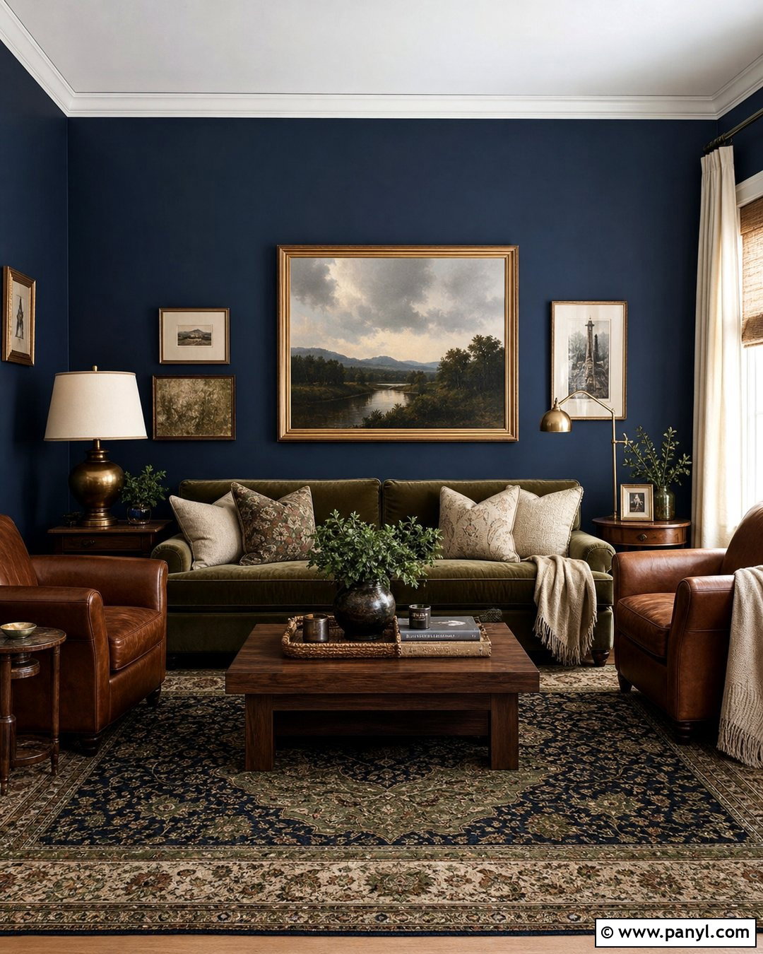 Dark Blue Walls With Olive Green - 20 Dark Blue Wall Contrast Ideas