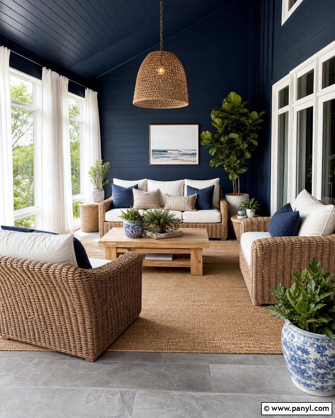 Dark Blue Walls With Rattan Decor - 20 Dark Blue Wall Contrast Ideas