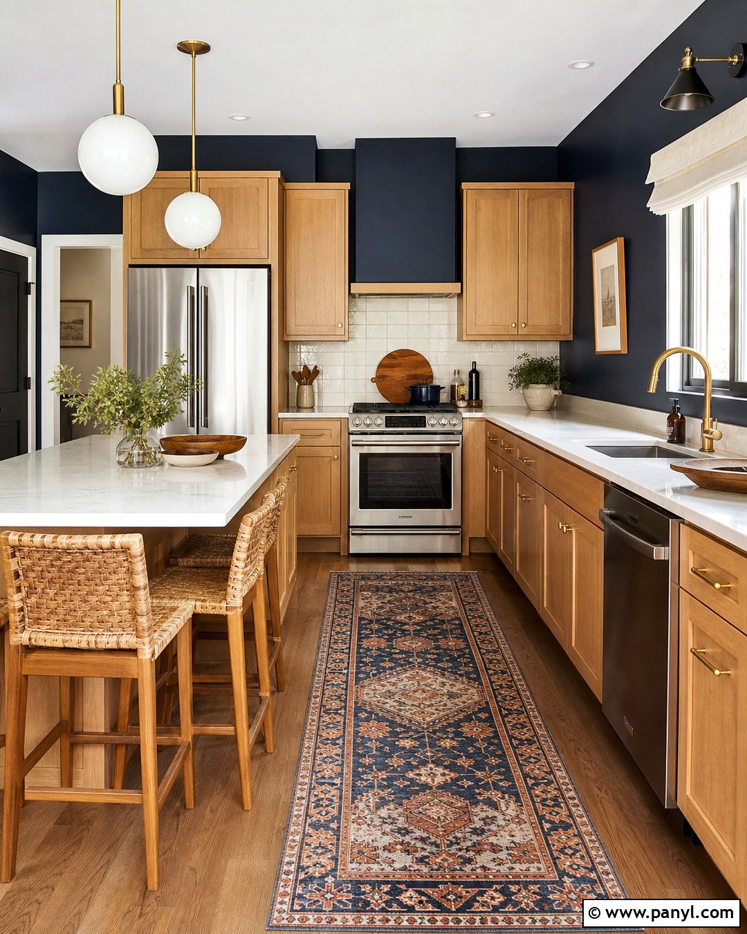 Dark Blue Walls With Warm Wood Cabinets - 20 Dark Blue Wall Contrast Ideas