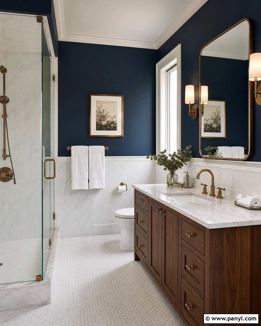 Dark Blue Walls With White Marble - 20 Dark Blue Wall Contrast Ideas