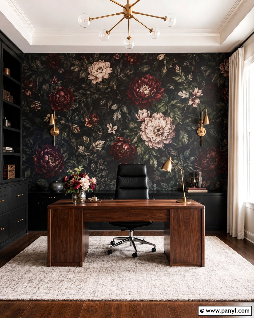 Dark Botanical Floral Accent Wall - 20 Floral Accent Wall Office Ideas