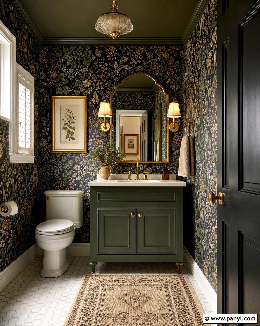 Dark Botanical Half Bathroom With Green Vanity - 20 dark half bathroom ideas