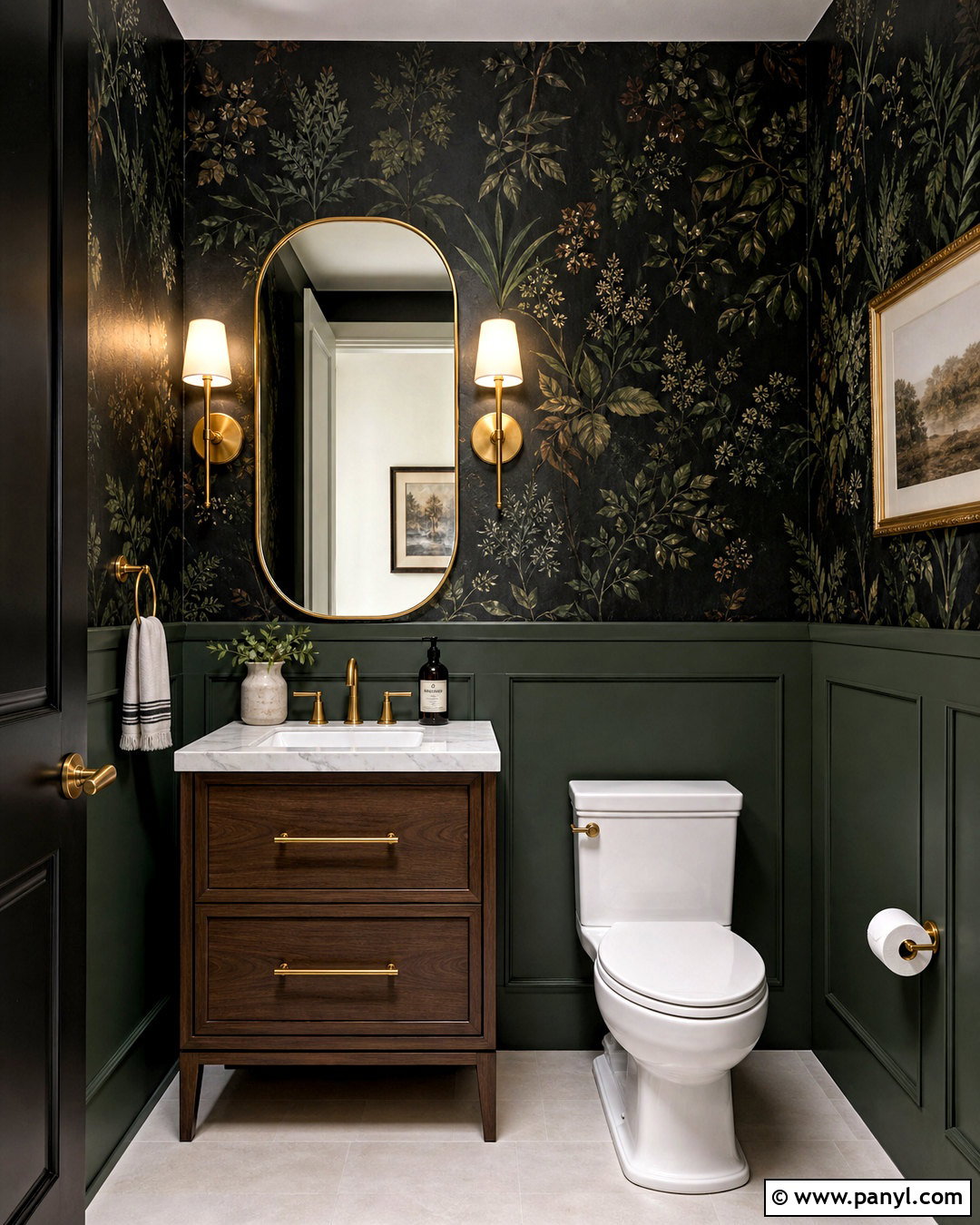 Dark Botanical Half Wall Wallpaper In A Powder Room - 20 half wall wallpaper ideas