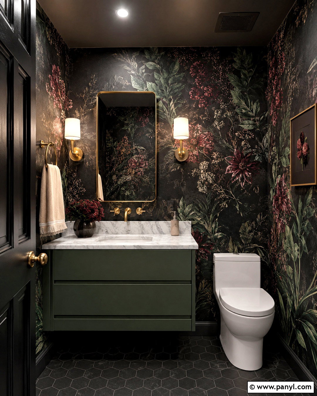 Dark Botanical Wallpaper Bathroom - 20 moody bathroom ideas