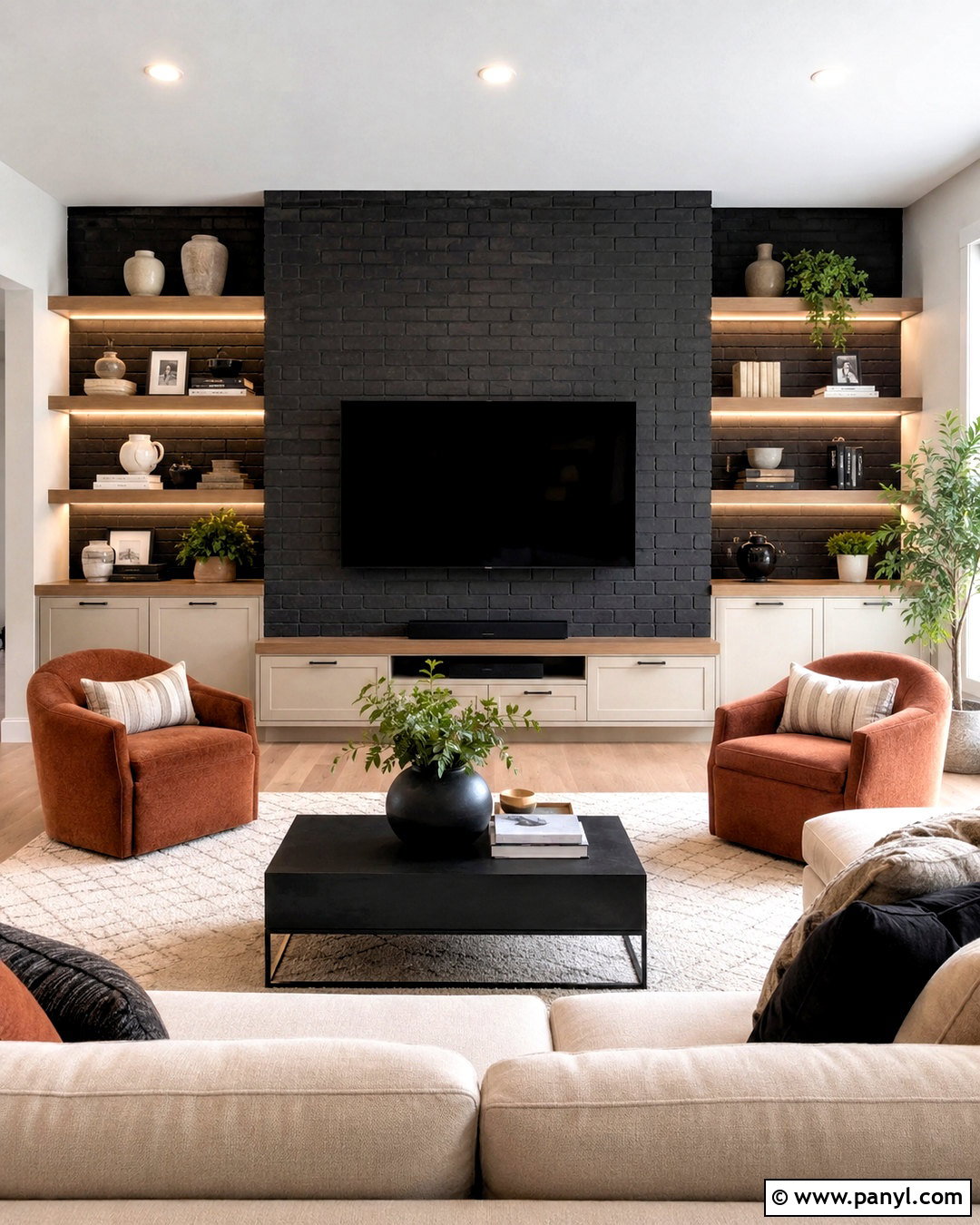 Dark Brick Wall With Built-In Shelves - 20 dark brick wall ideas