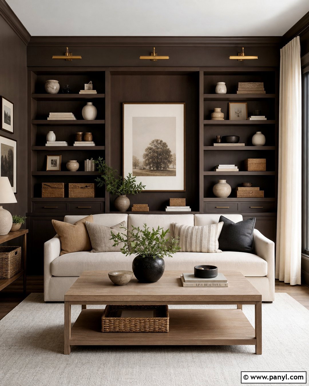 Dark Brown Accent Wall With Built-In Shelves - 35 Dark Brown Accent Wall Ideas