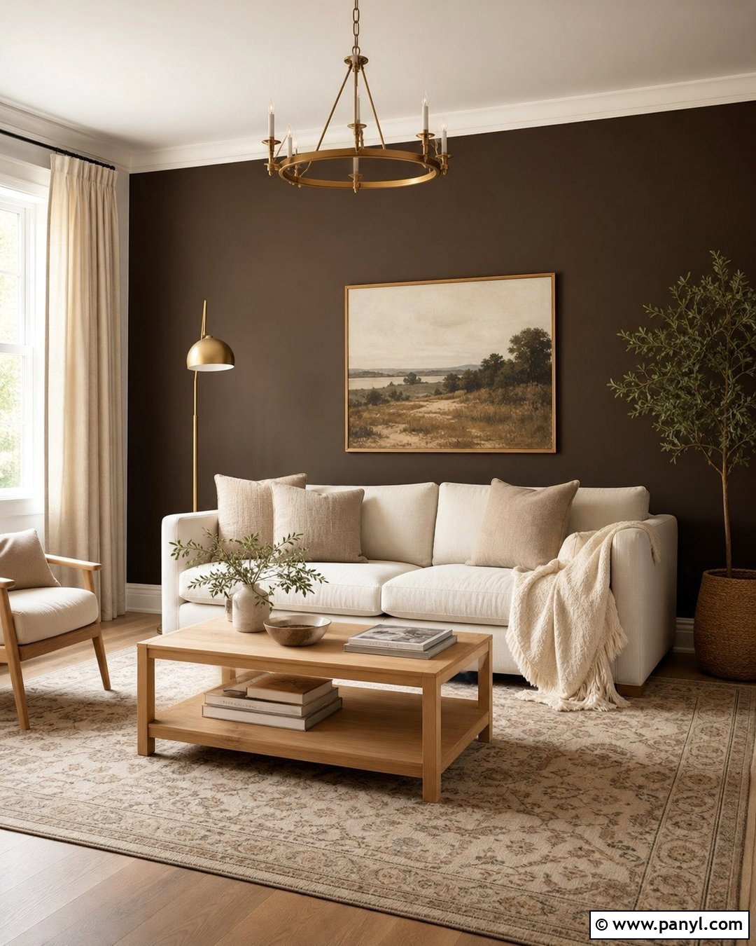 Dark Brown Accent Wall With Cream Sofa - 35 Dark Brown Accent Wall Ideas