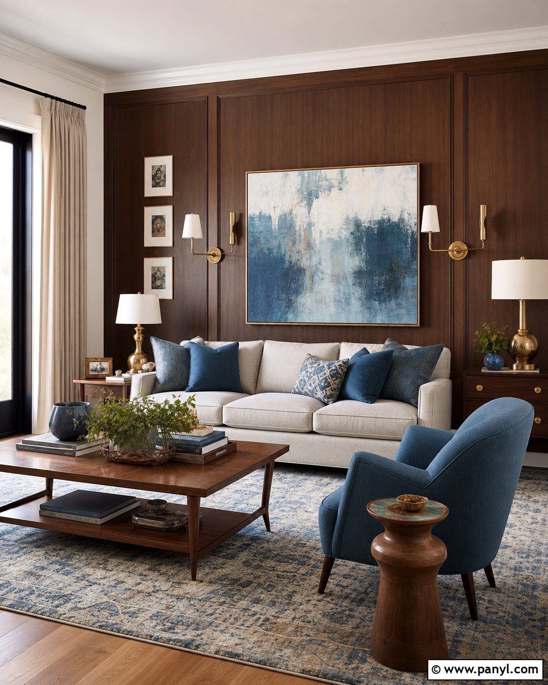 Dark Brown Accent Wall With Muted Blue Decor - 35 Dark Brown Accent Wall Ideas