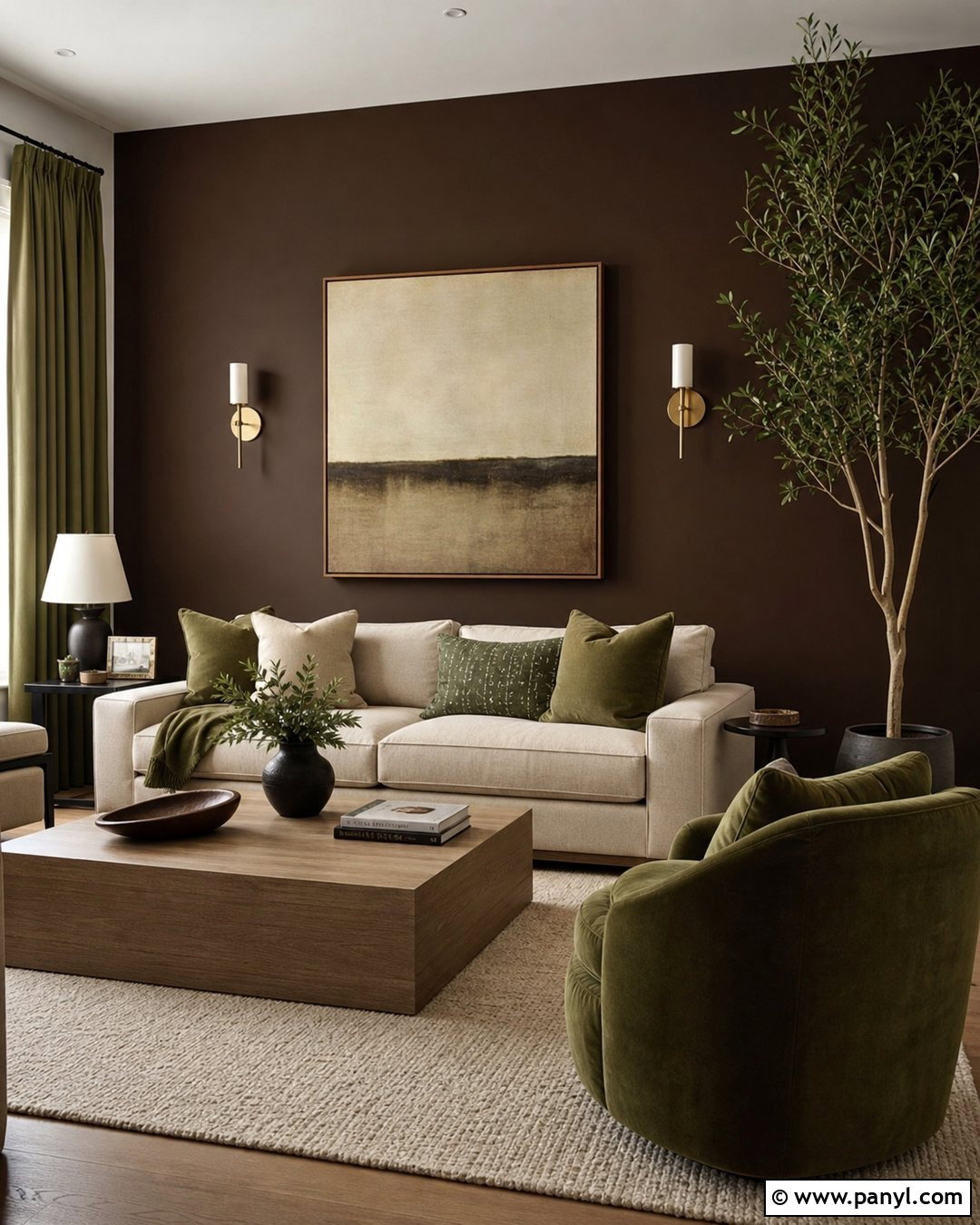 Dark Brown Accent Wall With Olive Green Decor - 35 Dark Brown Accent Wall Ideas