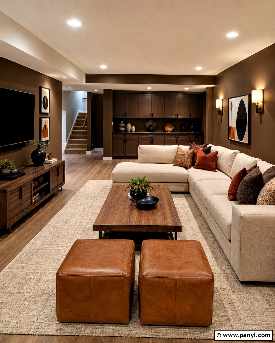 Dark Brown Basement With Warm Lighting - 20 dark brown room ideas