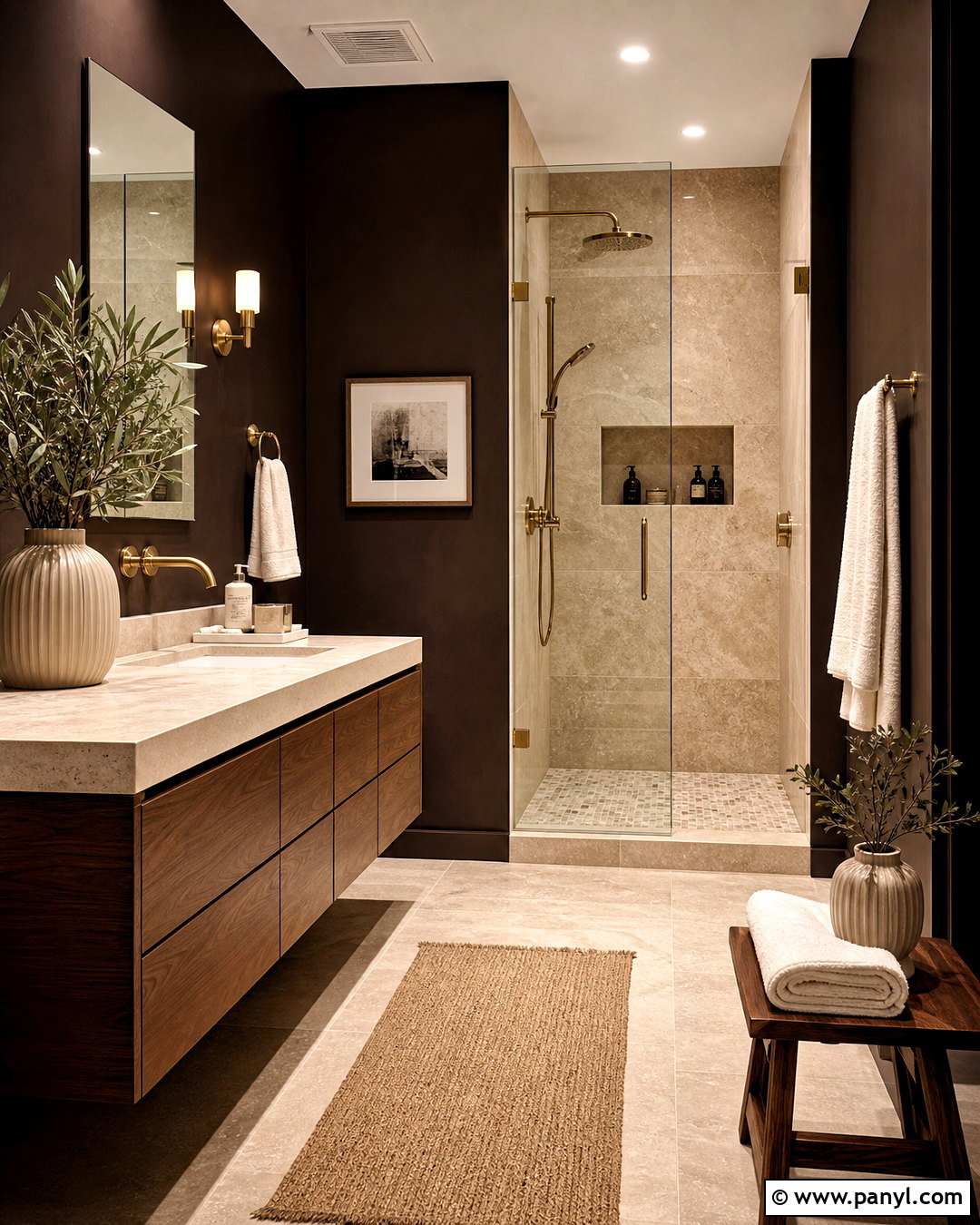 Dark Brown Bathroom With Travertine Tile - 20 dark brown interior ideas