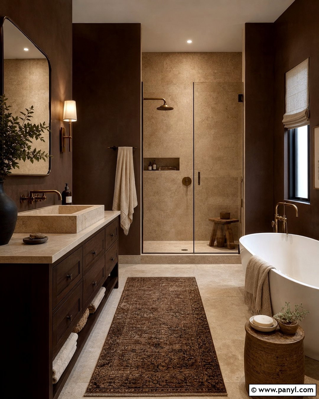 Dark Brown Bathroom With Travertine - 20 Elegant Bathroom With Dark Walls