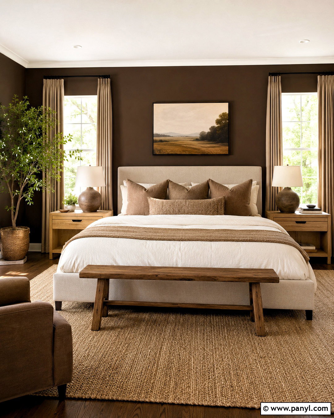 Dark Brown Bedroom With Cream Bedding - 40 Dark Brown Walls