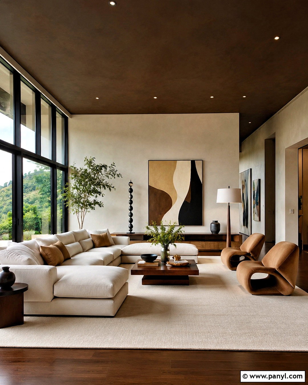 Dark Brown Ceiling With Floor-To-Ceiling Windows - 20 brown ceiling living room ideas