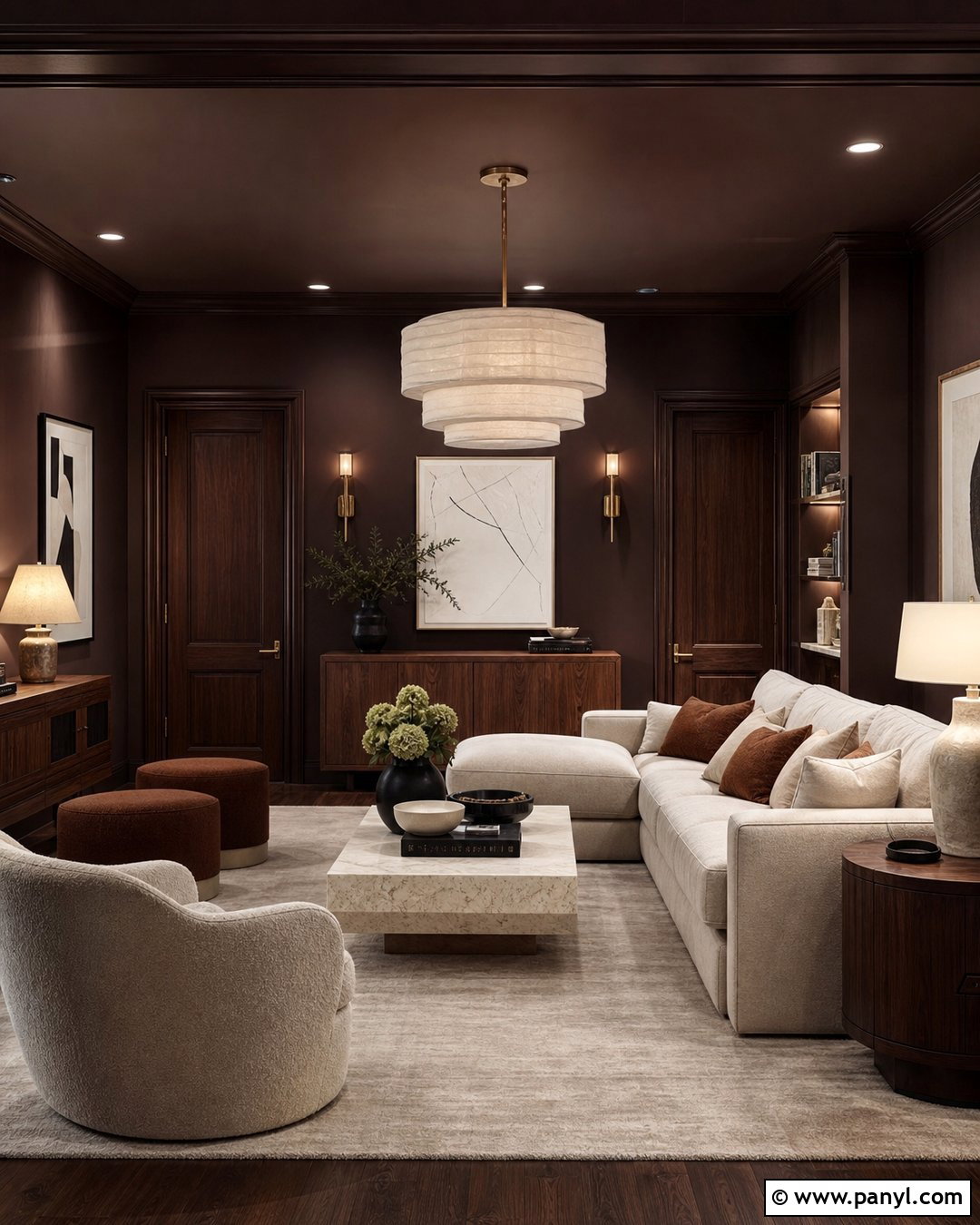 Dark Brown Color Drenched Living Room - 35 Dark Brown Walls Living Room Ideas