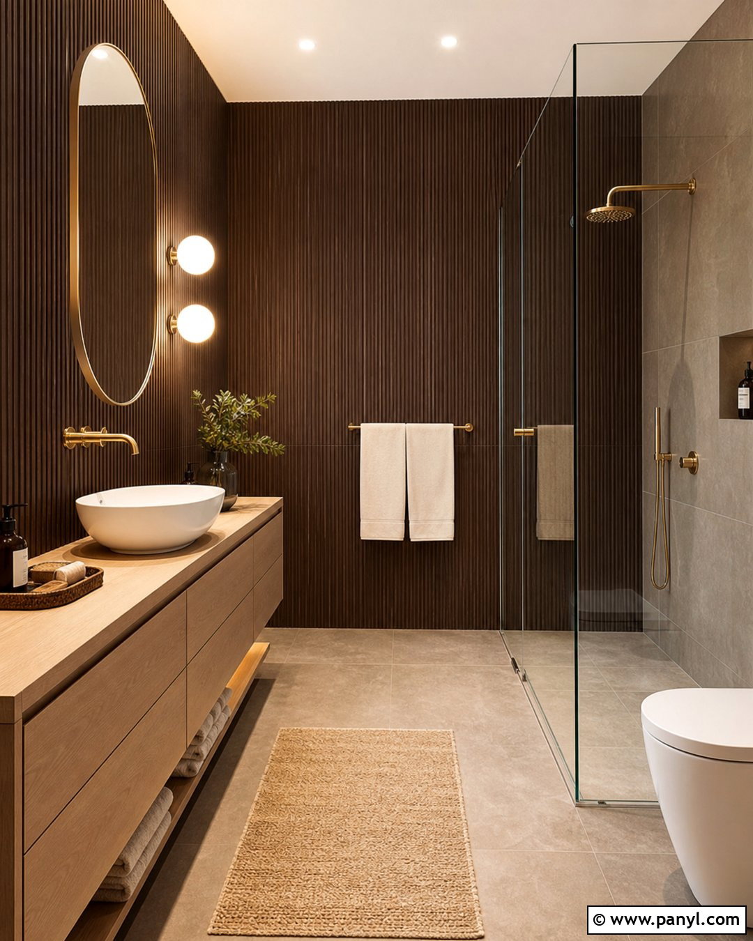 Dark Brown Fluted Tile Bathroom - 20 Brown Textured Wall Bathroom Ideas