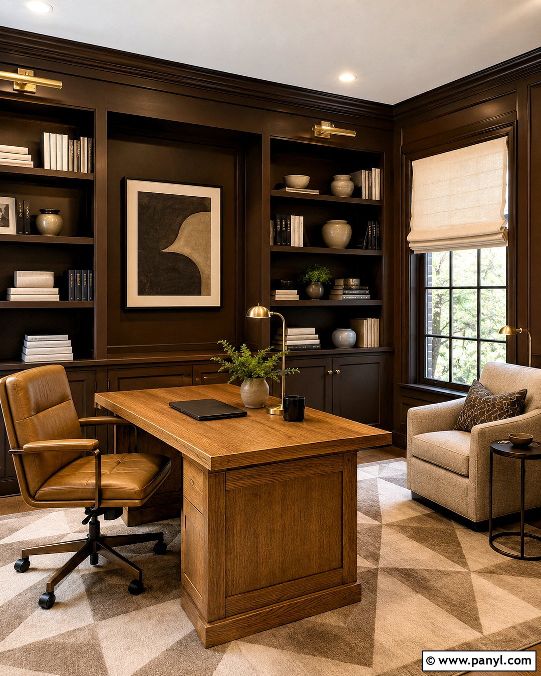 Dark Brown Home Office With Built-In Shelves - 20 dark brown room ideas