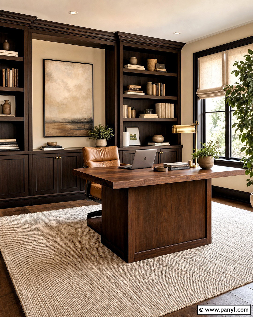 Dark Brown Home Office With Built-In Shelves - 20 dark brown interior ideas