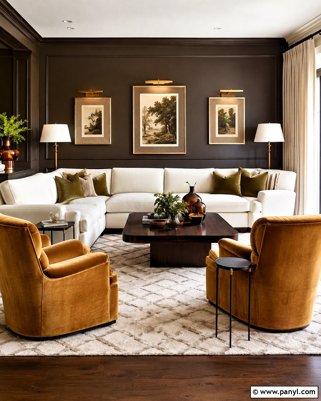 Dark Brown Living Room With Brass Decor - 40 Dark Brown Walls