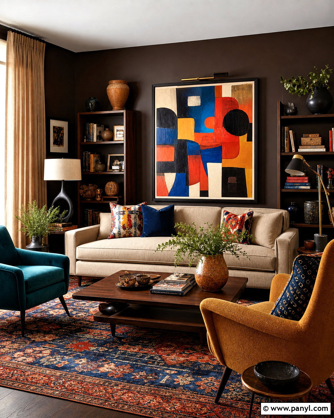 Dark Brown Living Room With Colorful Accents - 20 dark brown living room decorating ideas