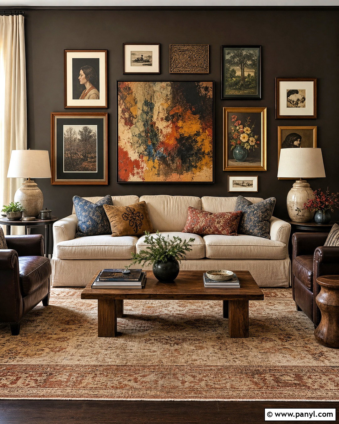 Dark Brown Living Room With Gallery Wall - 20 dark brown living room decorating ideas