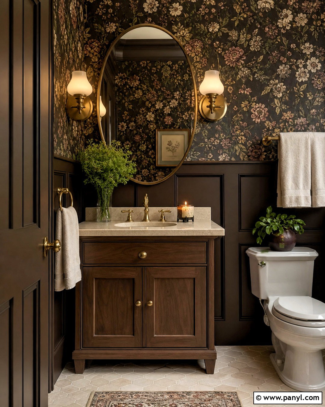 Dark Brown Powder Room With Floral Wallpaper - 20 dark brown interior ideas