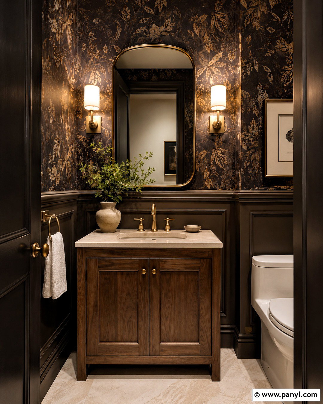Dark Brown Powder Room With Patterned Wallpaper - 20 dark brown room ideas