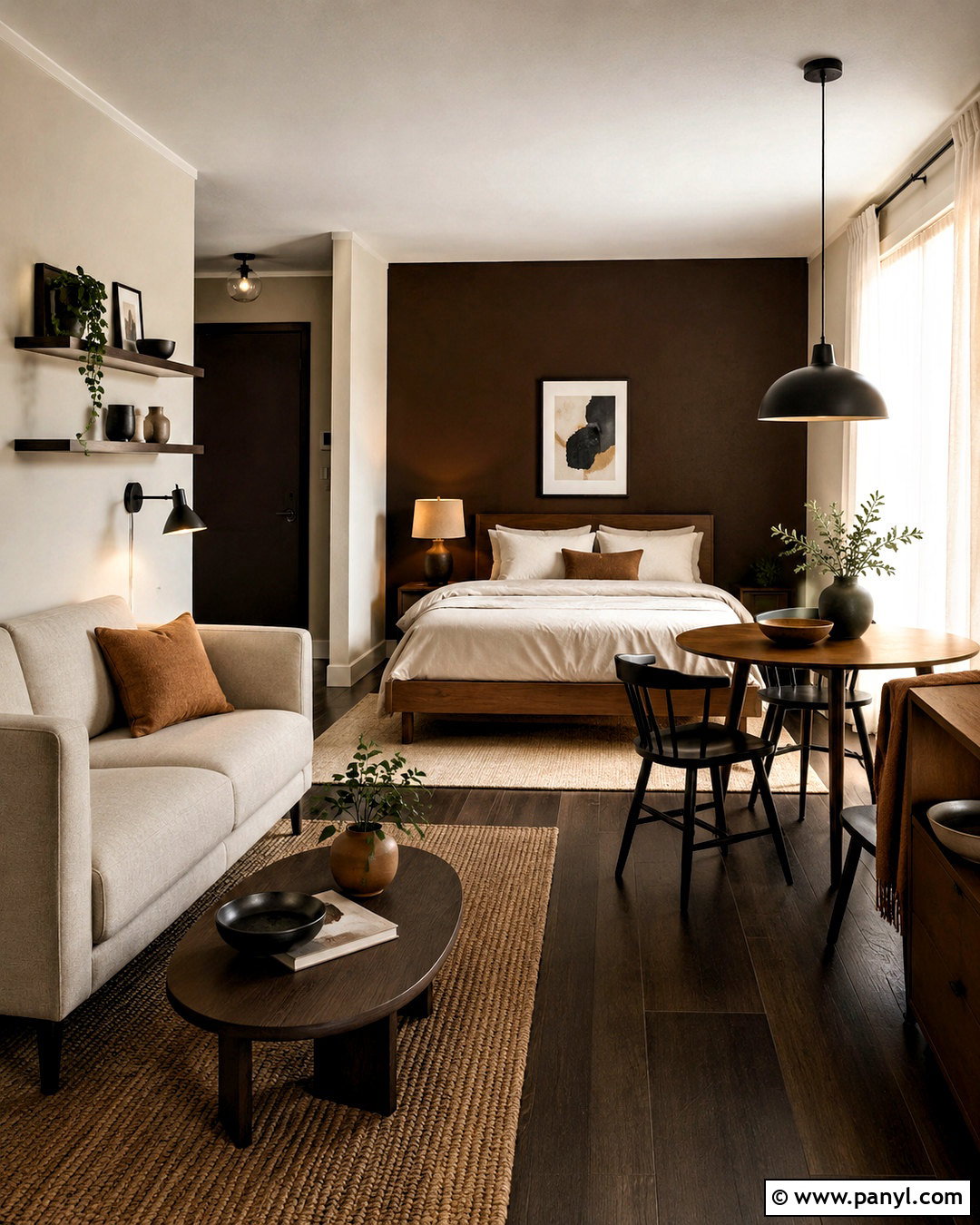 Dark Brown Studio Apartment With Neutral Zones - 20 dark brown room ideas