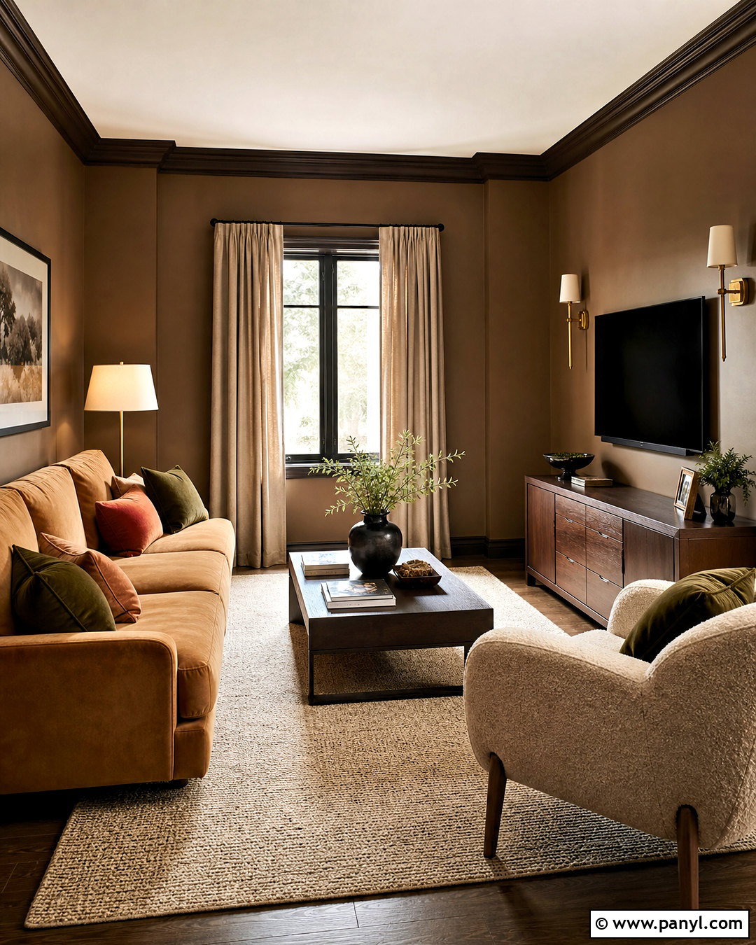 Dark Brown Trim Color-Drenched Den - 20 dark brown trim interior ideas