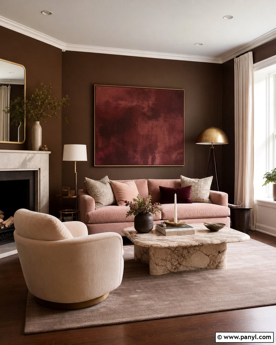 Dark Brown Walls With Blush Pink Furniture - 35 Dark Brown Walls Living Room Ideas