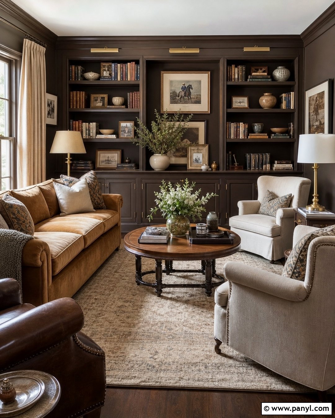 Dark Brown Walls With Built-In Bookshelves - 35 Dark Brown Walls Living Room Ideas