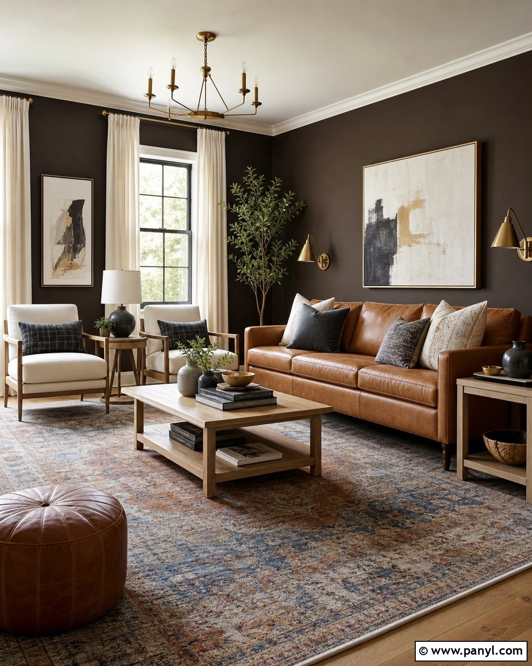 Dark Brown Walls With Caramel Leather Sofa - 35 Dark Brown Walls Living Room Ideas