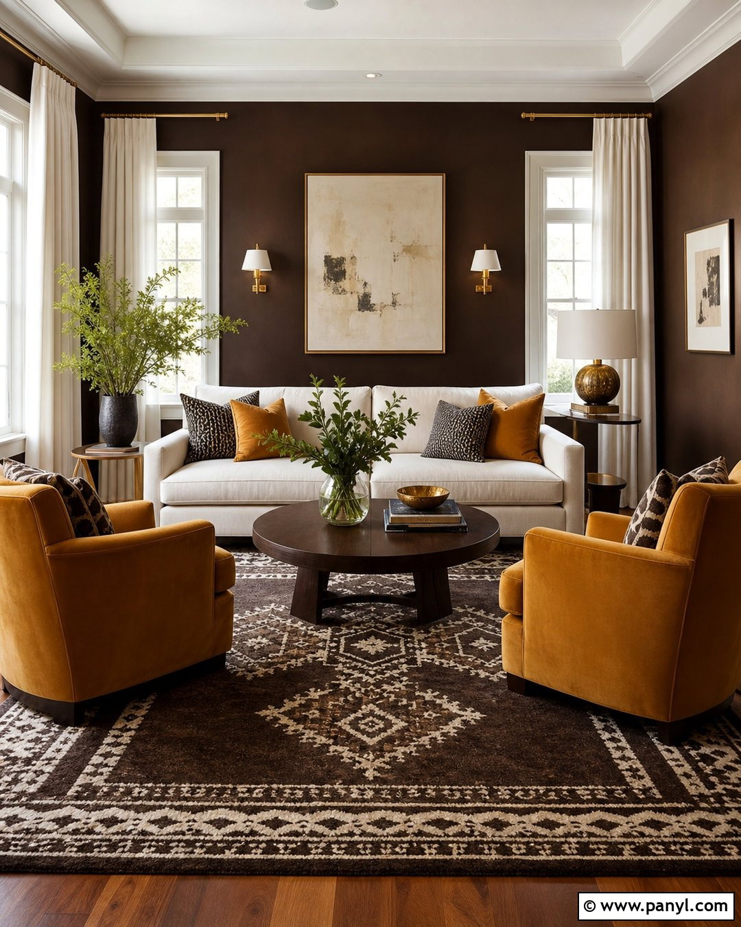 Dark Brown Walls With Mustard Yellow Chairs - 35 Dark Brown Walls Living Room Ideas