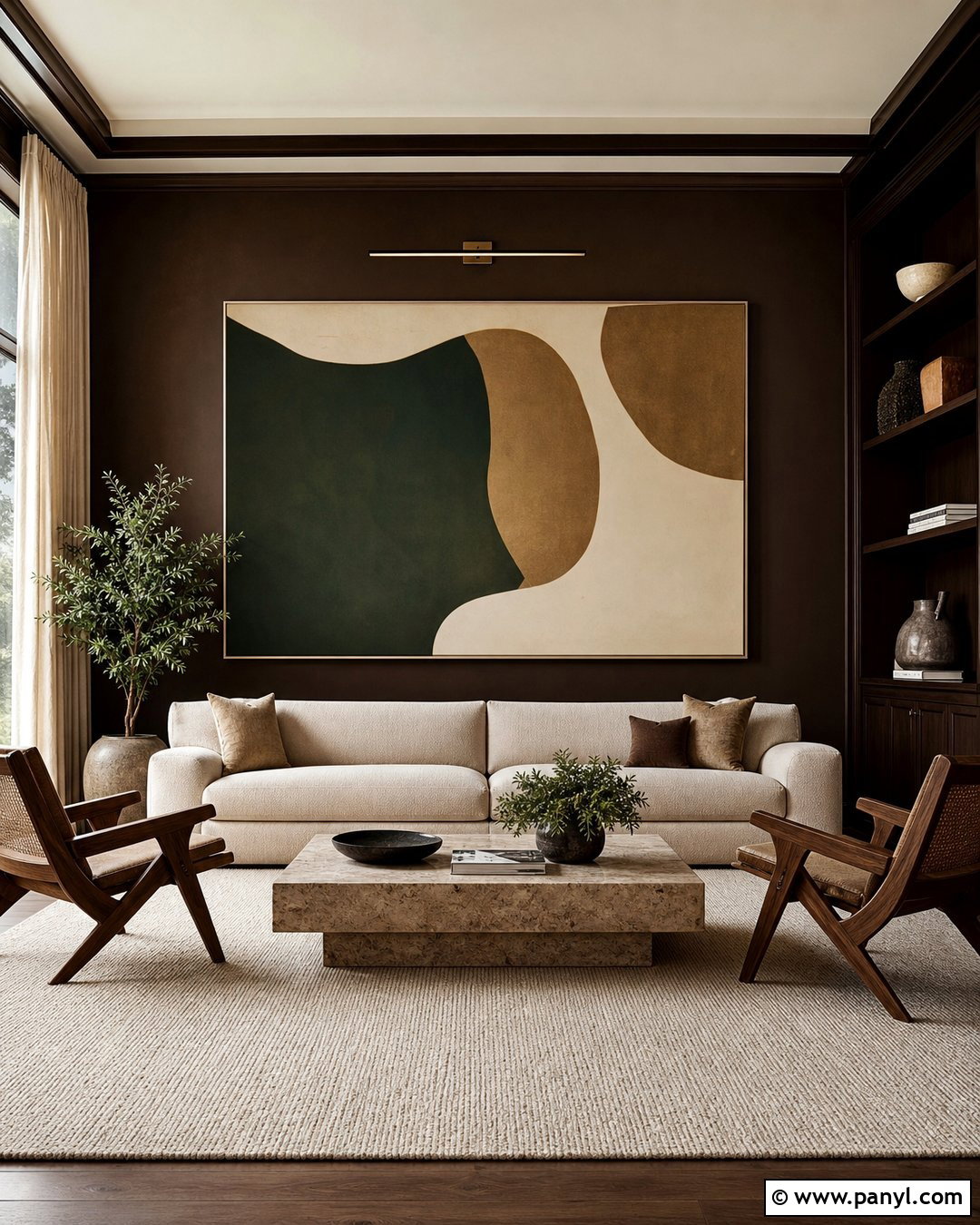 Dark Brown Walls With Oversized Art - 35 Dark Brown Walls Living Room Ideas