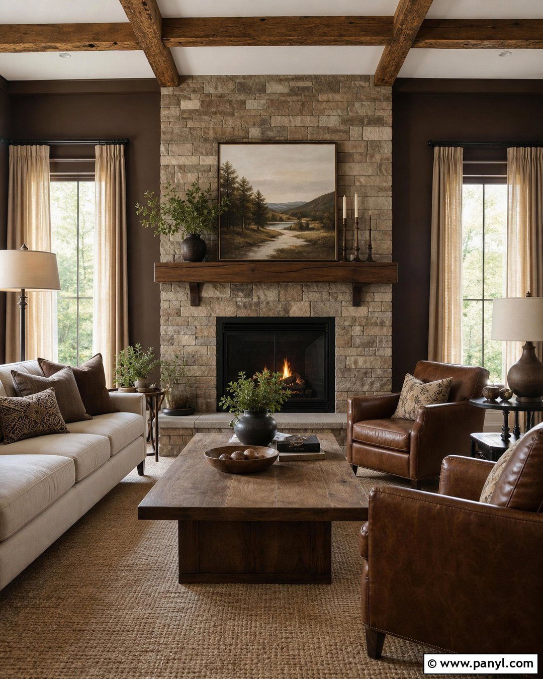 Dark Brown Walls With Stone Fireplace - 35 Dark Brown Walls Living Room Ideas
