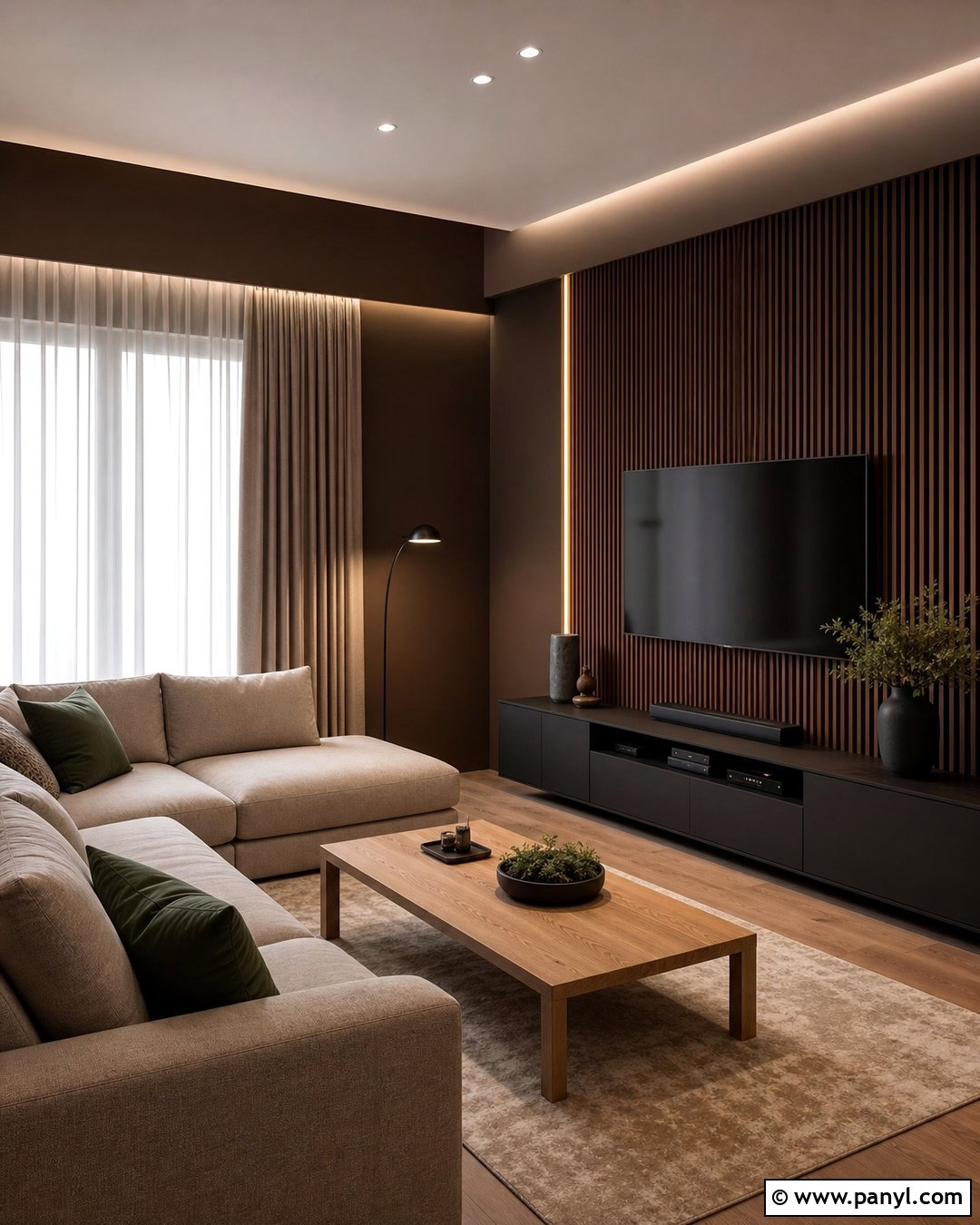 Dark Brown Walls With Wood Slat Paneling - 35 Dark Brown Walls Living Room Ideas