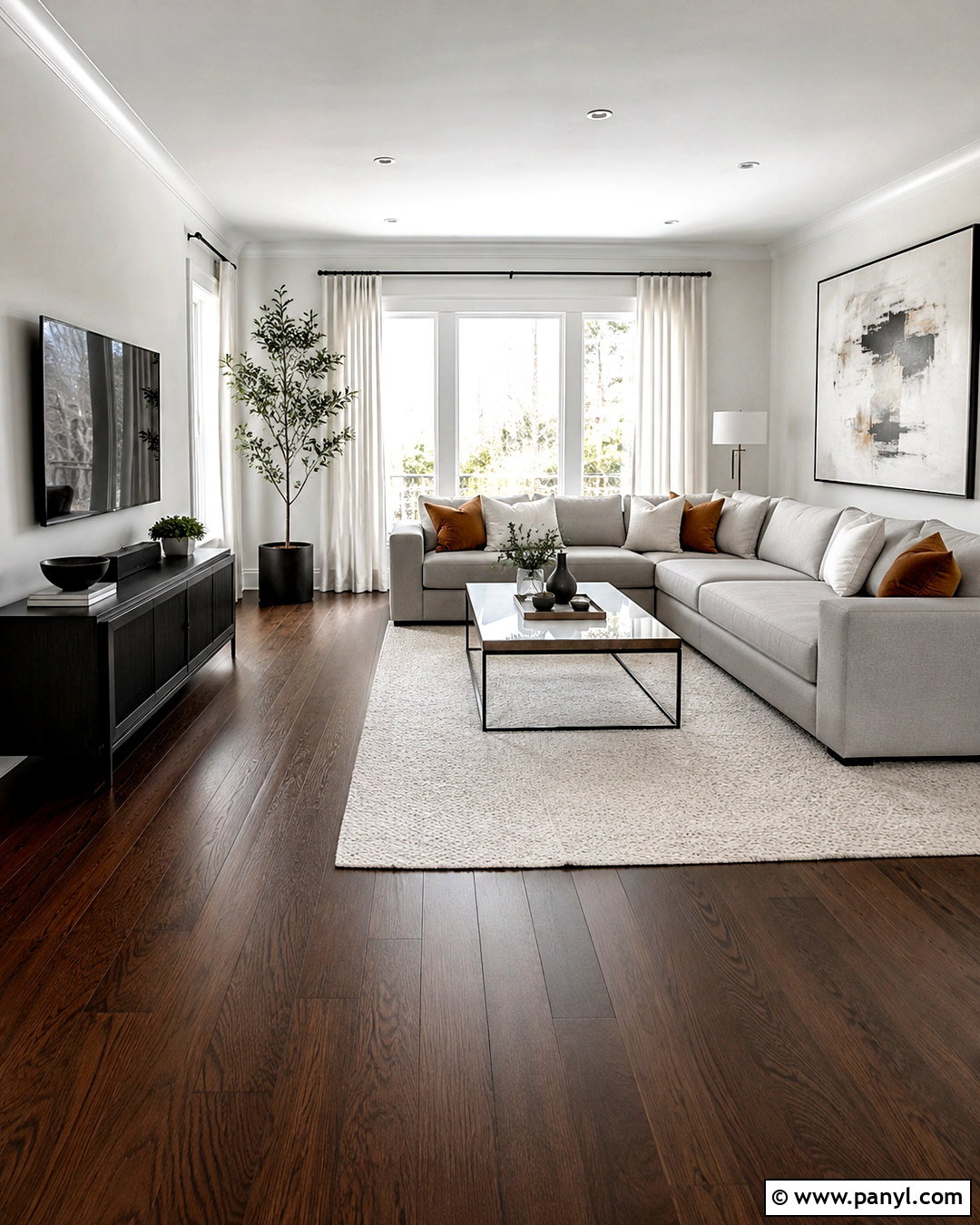 Dark Brown Wood Floor Living Room With White Walls - 20 brown wooden floor living room ideas