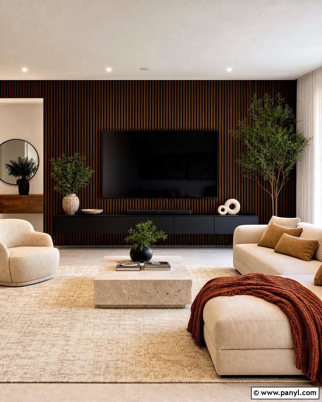 Dark Brown Wood Slat Wall - 20 dark feature wall living room ideas