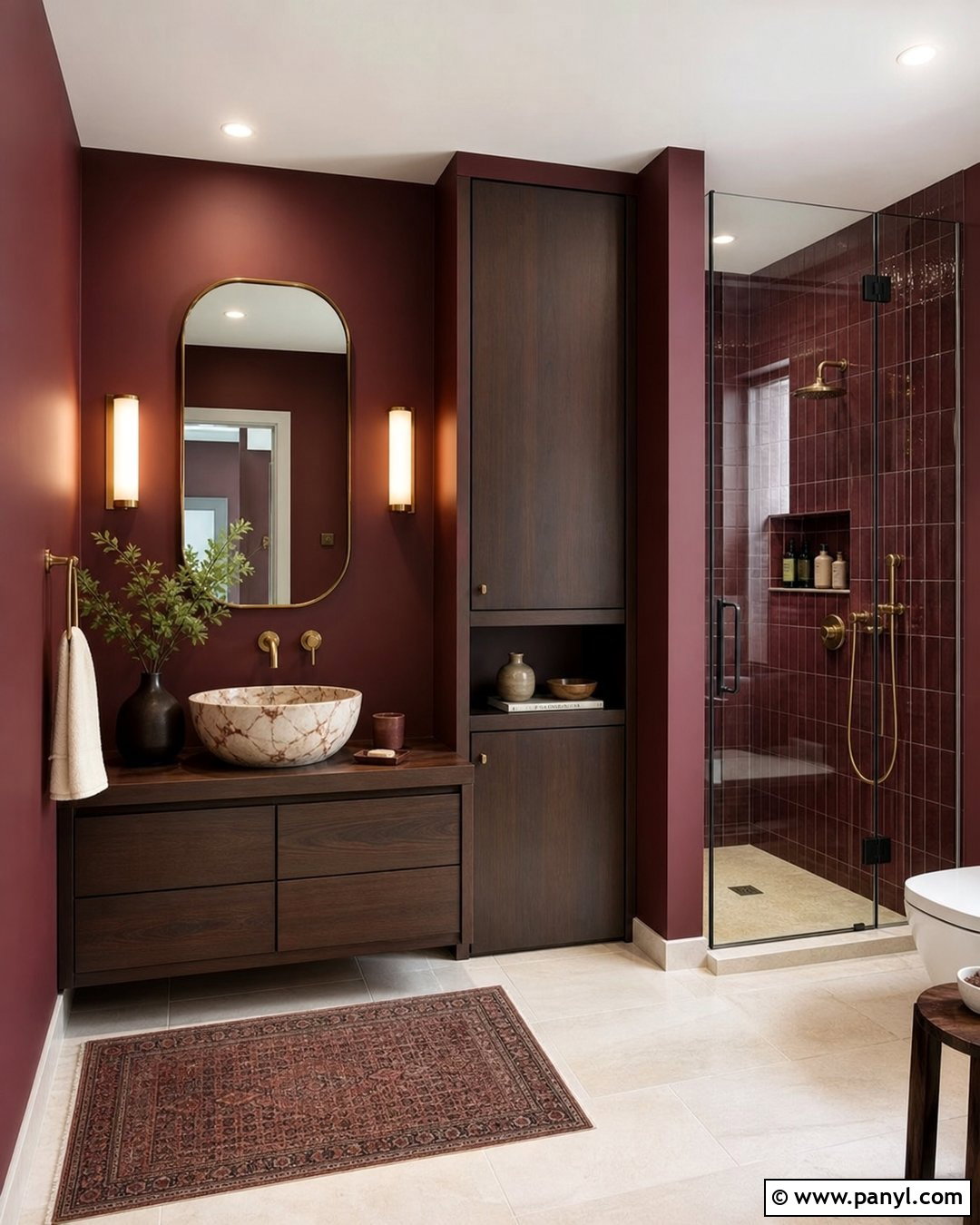 Dark Burgundy Bathroom With Marble Bowl Sink - 20 Modern Bathroom With Dark Walls And Marble Sink Ideas