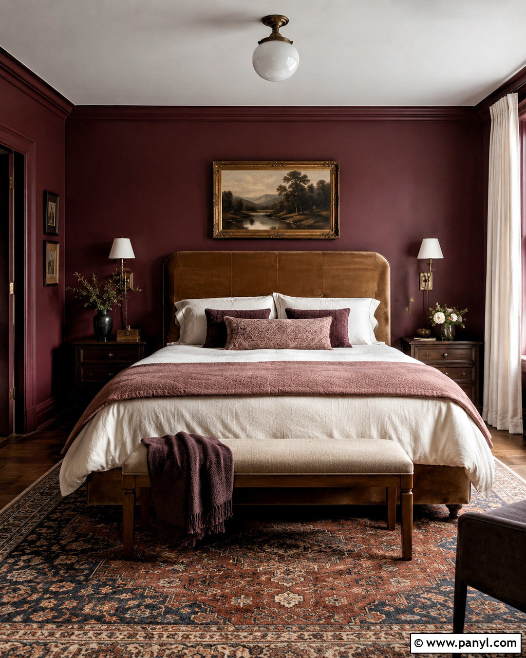 Dark Burgundy Bedroom With Brass Accents - 20 dark painted bedrooms