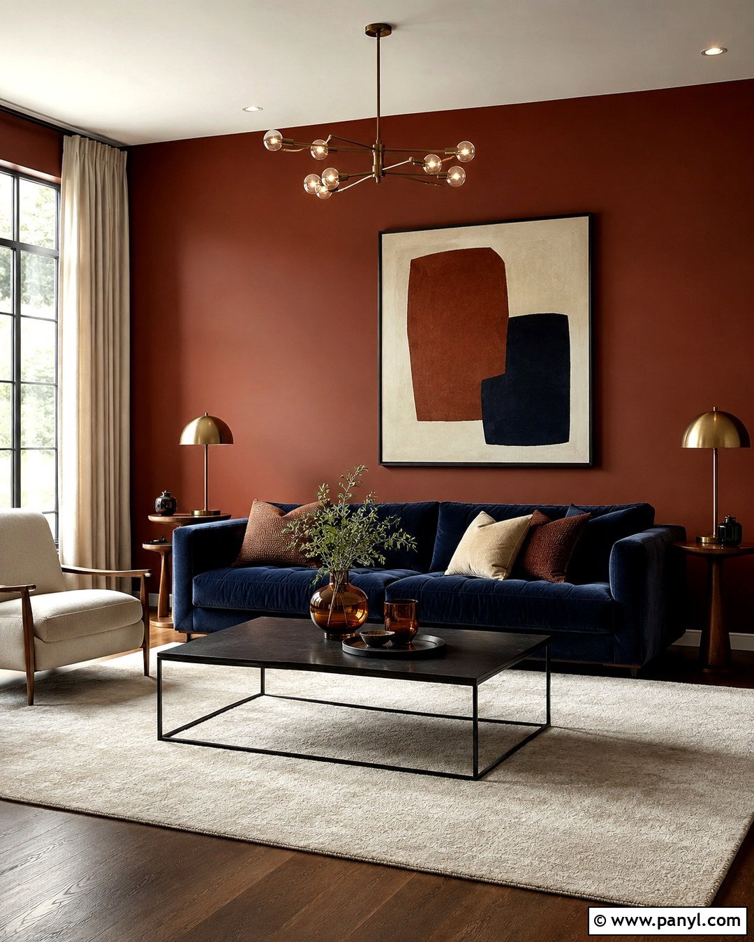Dark Clay Walls With Blue Velvet Furniture - 20 Clay Color Painted Walls