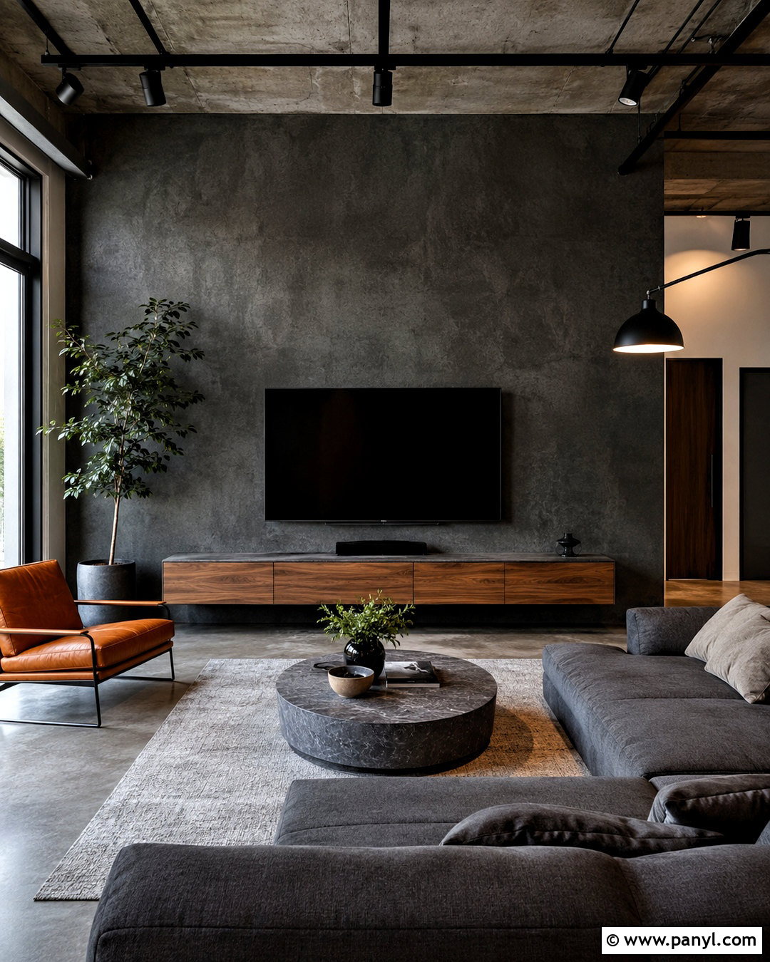 Dark Concrete TV Wall - 20 dark tv wall living room ideas