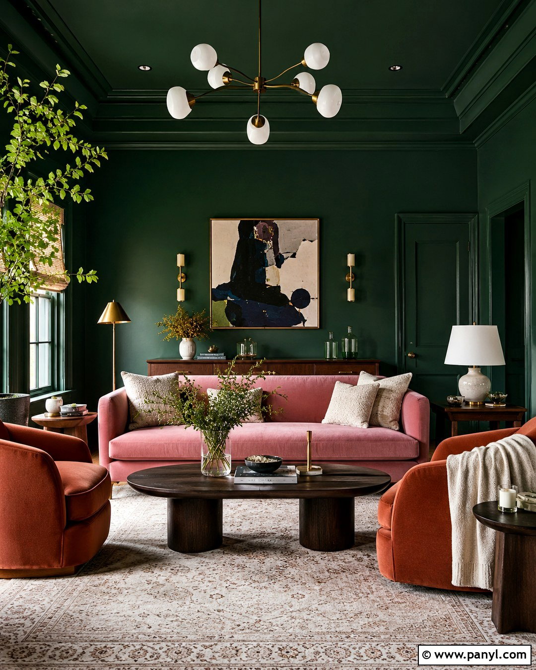 Dark Emerald Green Color Drenched Living Room - 20 Dark Emerald Green Walls