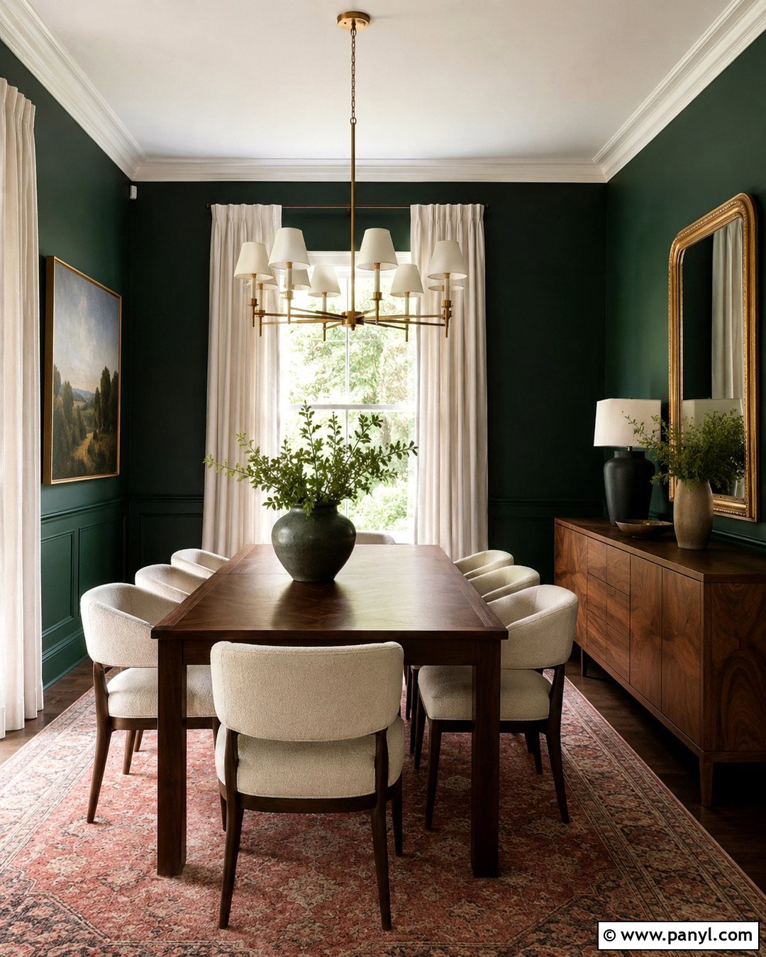 Dark Emerald Green Dining Room With Walnut Furniture - 20 Dark Emerald Green Walls