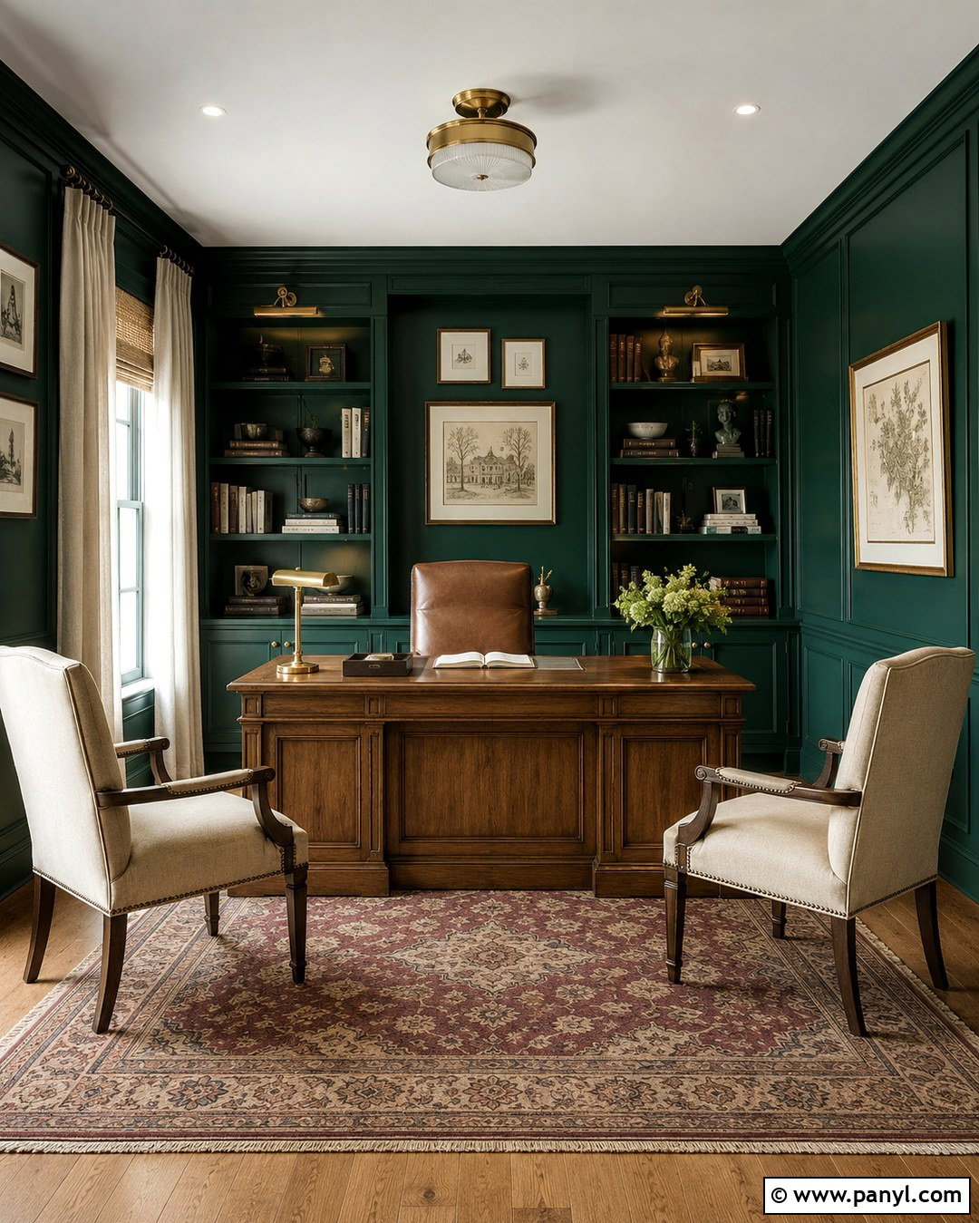 Dark Emerald Green Home Office With Built-Ins - 20 Dark Emerald Green Walls